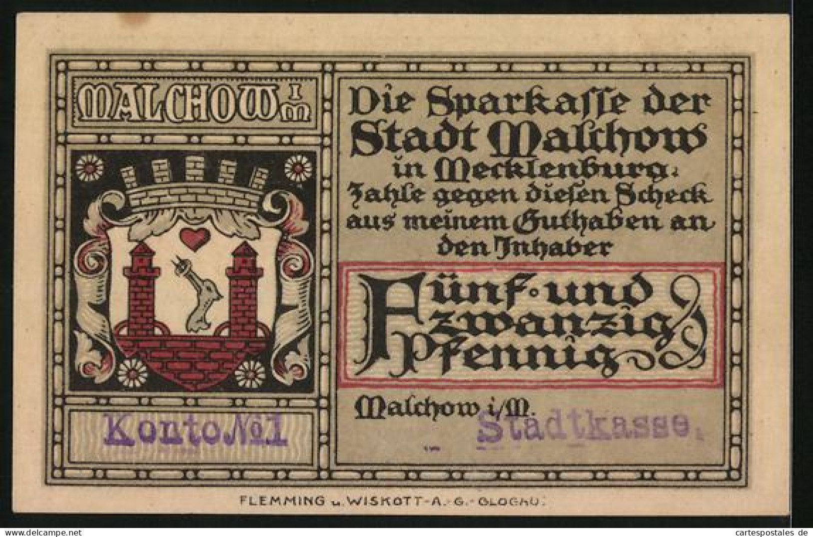 Notgeld Malchow I. M., 25 Pfennig, Ortsansicht, Stadtwappen  - Lokale Ausgaben