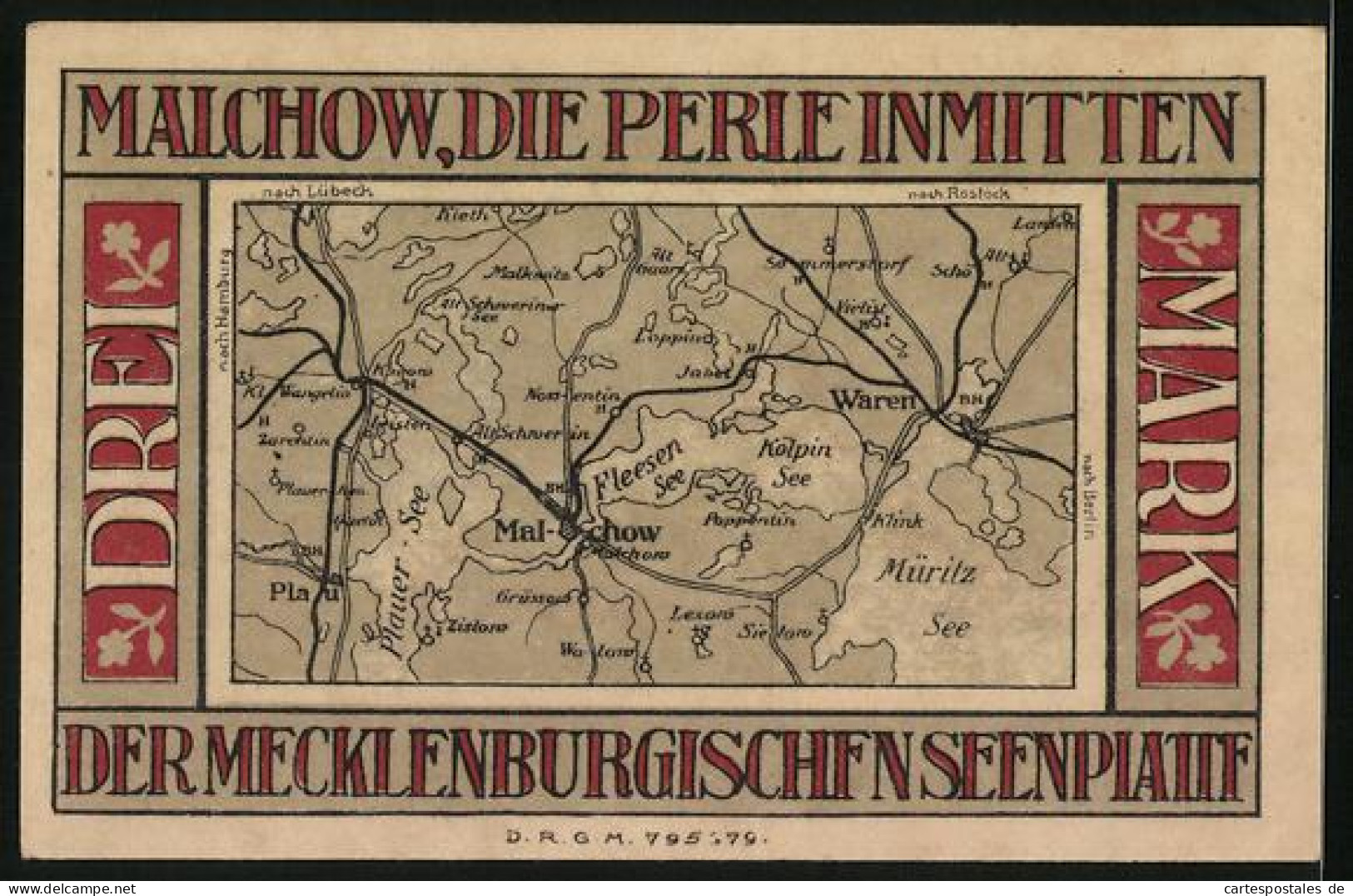 Notgeld Malchow I. M., 3 Mark, Stadtwappen, Landkarte  - Lokale Ausgaben