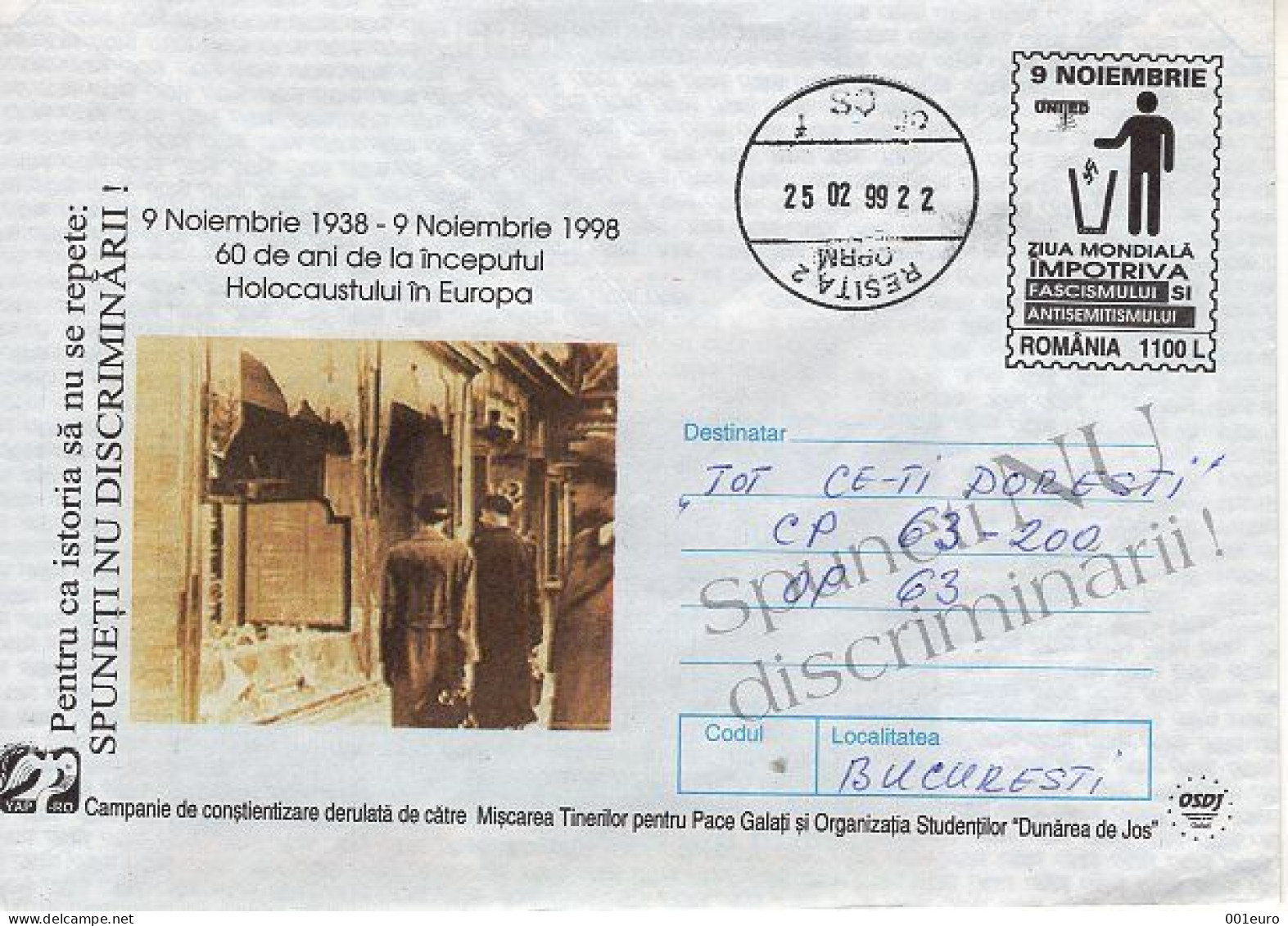 ROMANIA 151x1998: FIGHT AGAINST FASCISM, HOLOCAUST, Used Prepaid Postal Stationery Cover - Registered Shipping! - Entiers Postaux