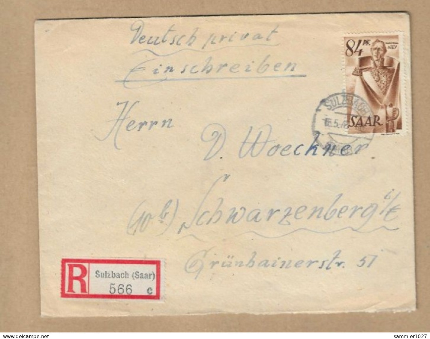 Los Vom 23.04 -  Heimatbeleg Aus Sulzbach 1947  Einschreiben - Cartas & Documentos
