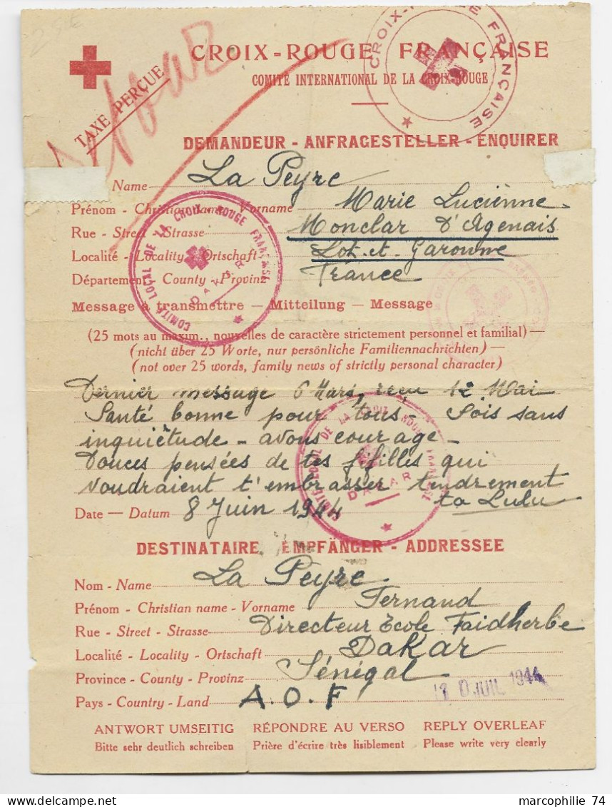 MESSAGE CROIX ROUGE FRANCAISE ( DAKAR SENEGAL  8 AOUT 1944  ORIGINE MONCLAR LOT ET GARONNE - Red Cross