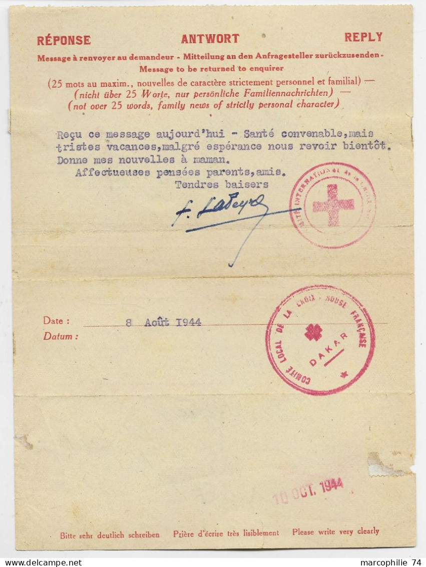 MESSAGE CROIX ROUGE FRANCAISE ( DAKAR SENEGAL  8 AOUT 1944  ORIGINE MONCLAR LOT ET GARONNE - Rotes Kreuz