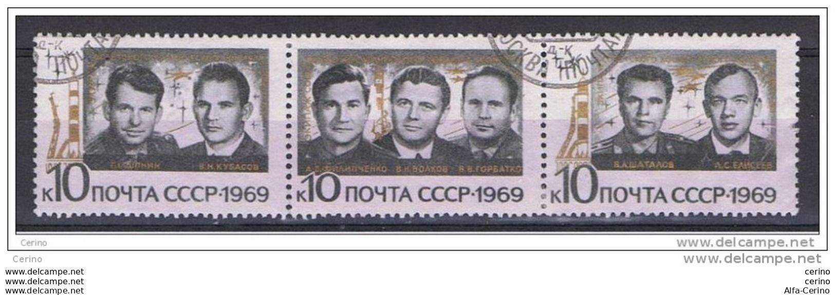 RUSSIA:  1969  EQUIPAGGIO  SOYOUZ  6  -  10 K. TRITTICO  US. -  YV/TELL. 3542/44 - Used Stamps