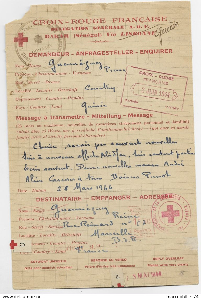 MESSAGE CROIX ROUGE FRANCAISE  DAKAR SENEGAL  28 MARS 1944  ORIGINE MARSEILLE + EMA 1FR50 VICHY RP - Red Cross