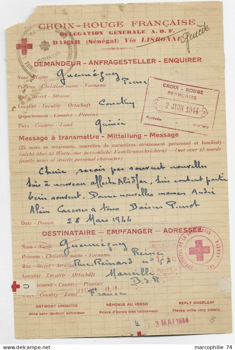 MESSAGE CROIX ROUGE FRANCAISE  DAKAR SENEGAL  28 MARS 1944  ORIGINE MARSEILLE + EMA 1FR50 VICHY RP - Rotes Kreuz