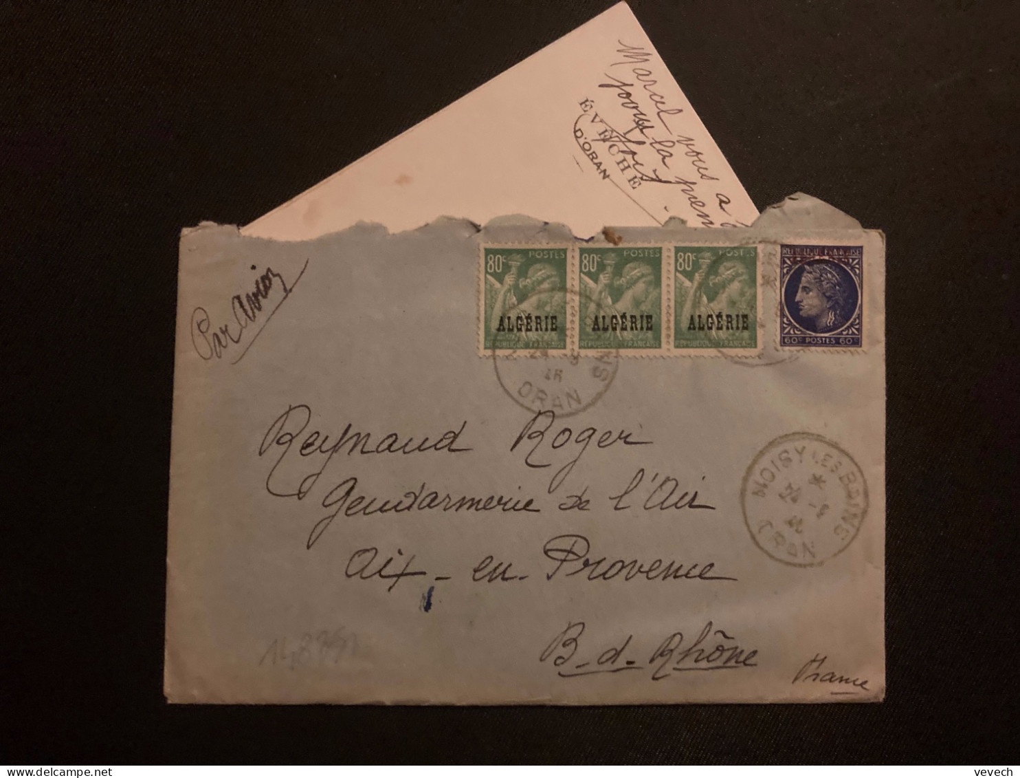 LETTRE Par Avion Pour REYNAUD Roger Gendarmerie De L'Air TP IRIS 80c Surch.ALGERIE Bande De 3 + CERES 60c OBL.24-9 46 NO - 1939-44 Iris