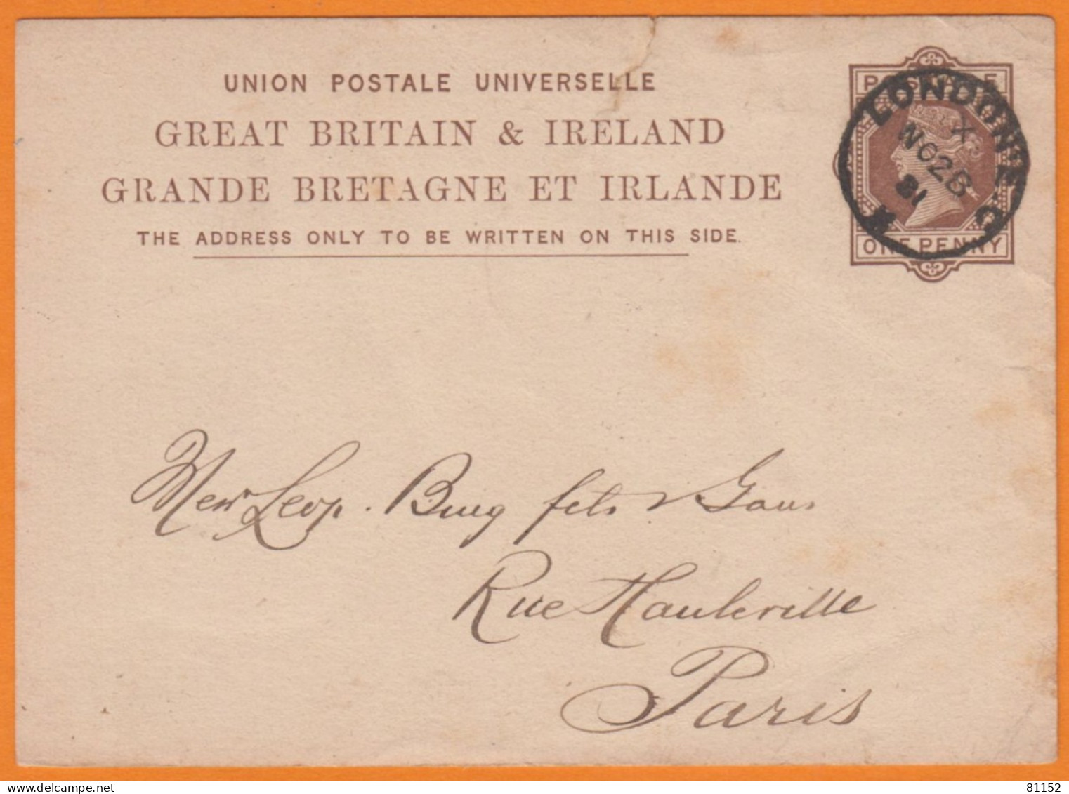 G.B.  Entier VICTORIA 0ne Penny  Posté à LONDRES    Le  28 11 1881   Pour PARIS - Stamped Stationery, Airletters & Aerogrammes