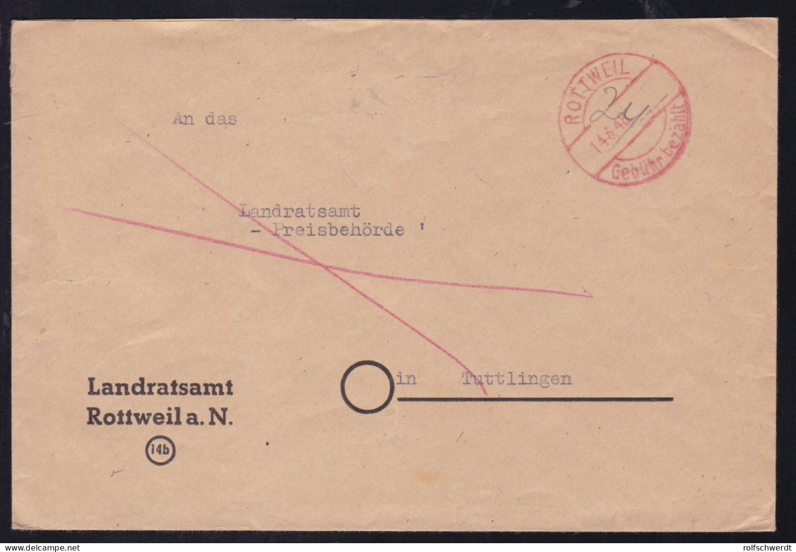 ROTTWEIL Gebühr Bezahlt 14.6.48 Auf Brief Des Landratsamt Rottweil  - Autres & Non Classés