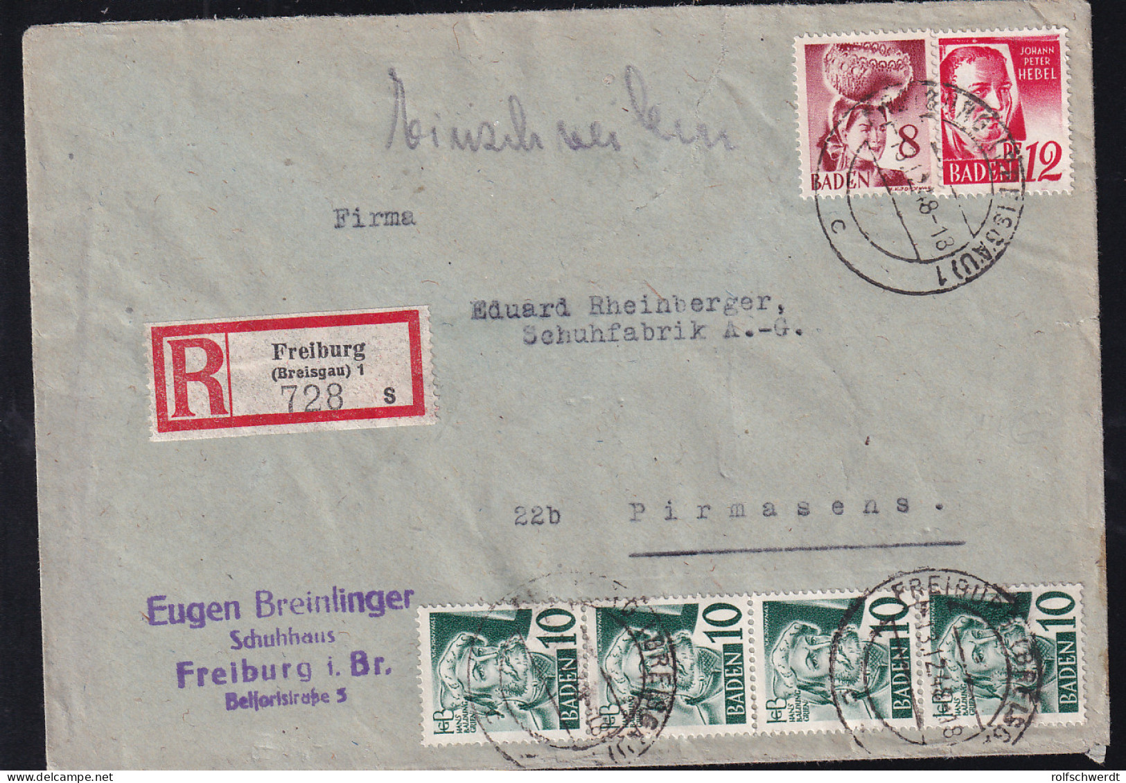 Freimarken 8 Pfg., 10 Pfg. (4x) Und 12 Pfg. Auf R-Brief Ab Freiburg (Breisgau) 13.12.48  - Otros & Sin Clasificación