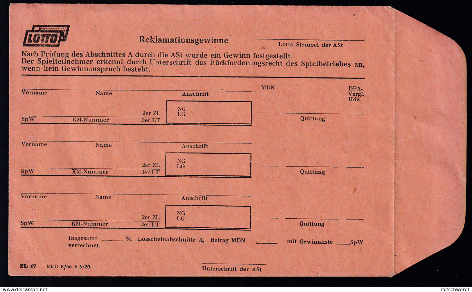 Umschlag Für LOTTO Reklamationsgewinne, Ungebraucht - Poste