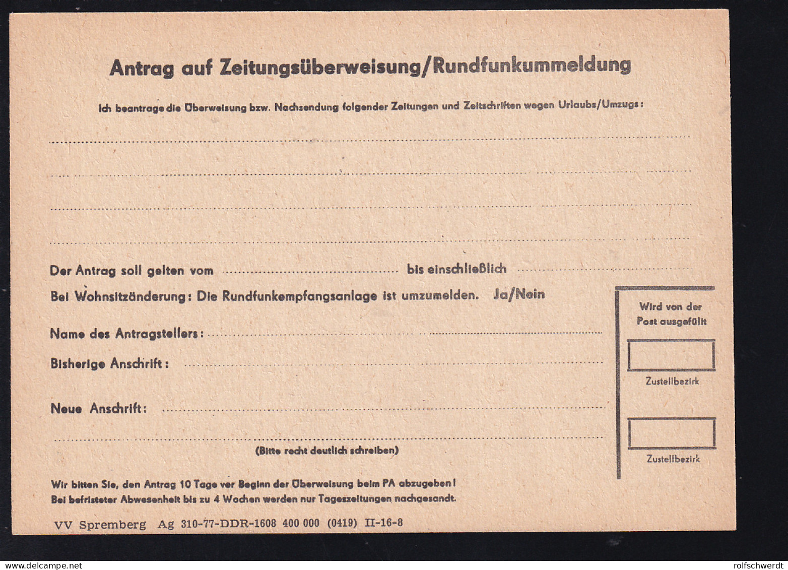 DDR Vordruck-Postkarte "Antrag Auf Zeitungsüberweisung/Rundfunkummeldung", Ungebraucht - Post