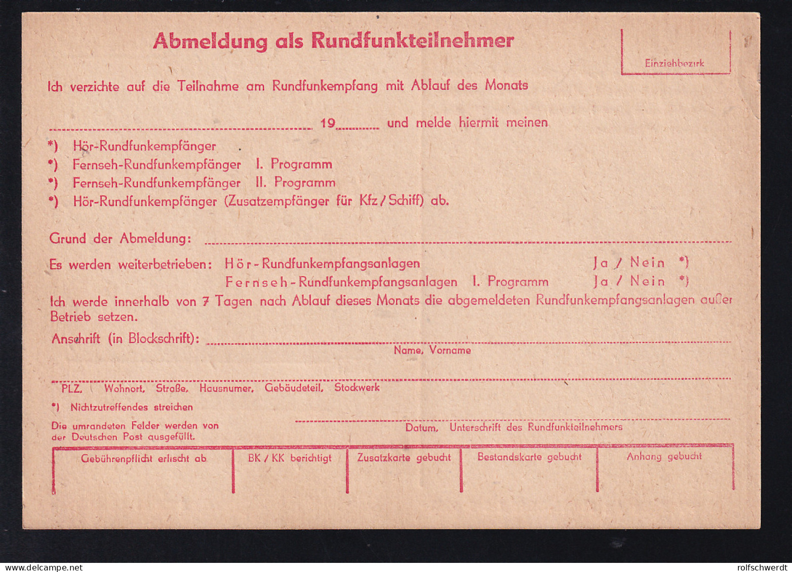 DDR Vordruck-Postkarte "Abmeldung Als Rundfunkteilnehmer", Ungebraucht - Poste