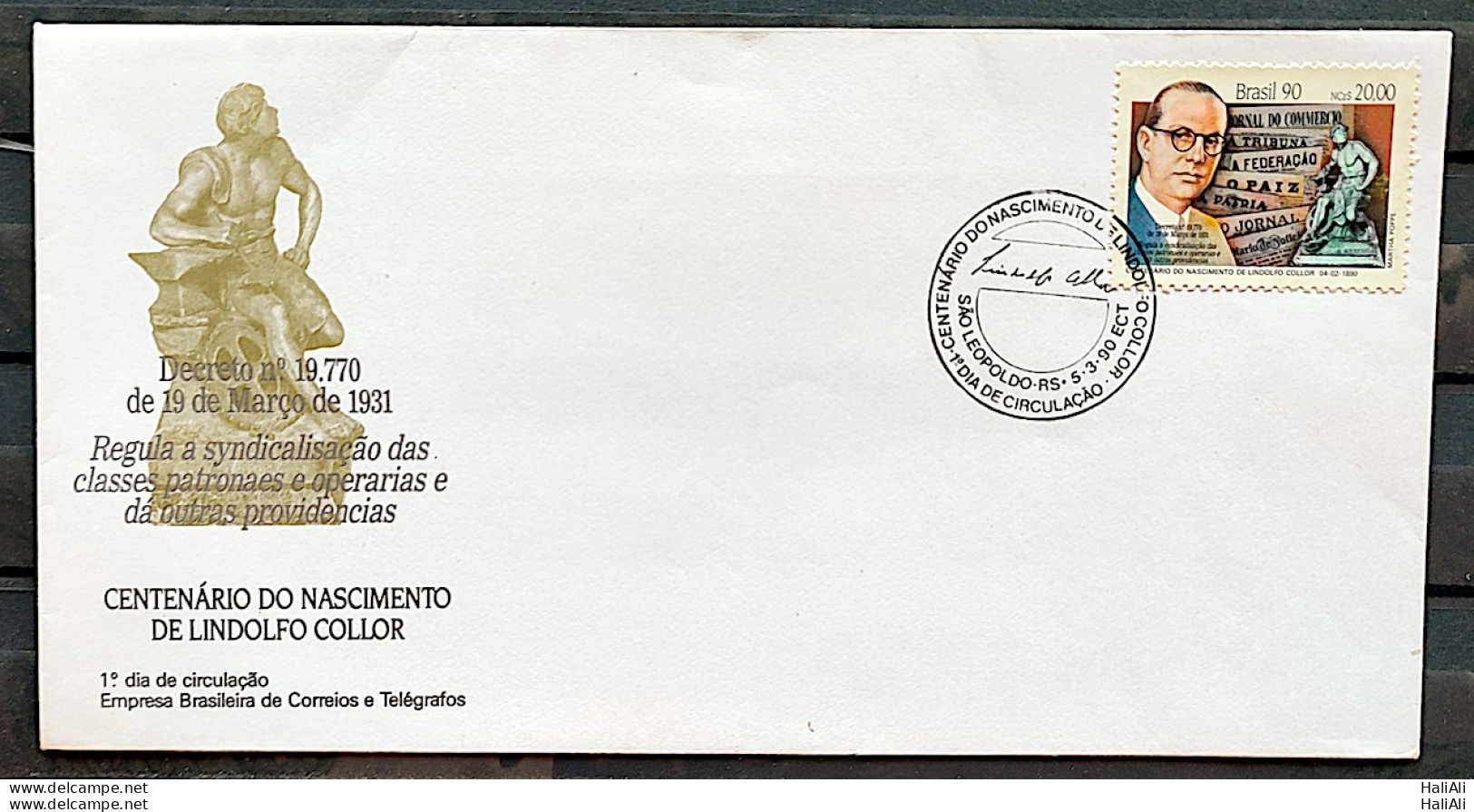 Brazil Envelope FDC 495 1990 Centenary Lindolfo Collor Political Literature CBC RS 2 - FDC