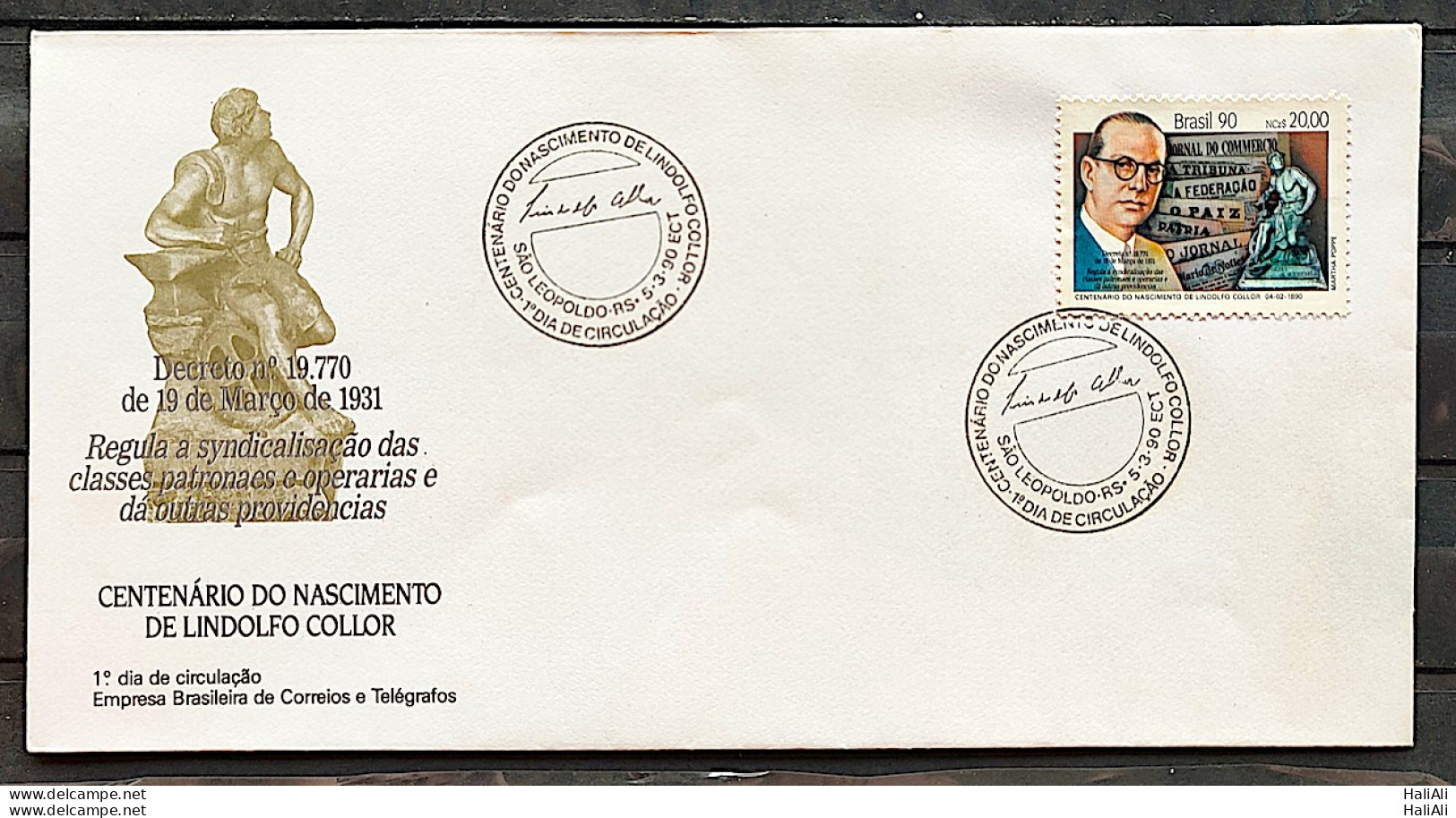 Brazil Envelope FDC 495 1990 Centenary Lindolfo Collor Political Literature CBC RS 1 - FDC
