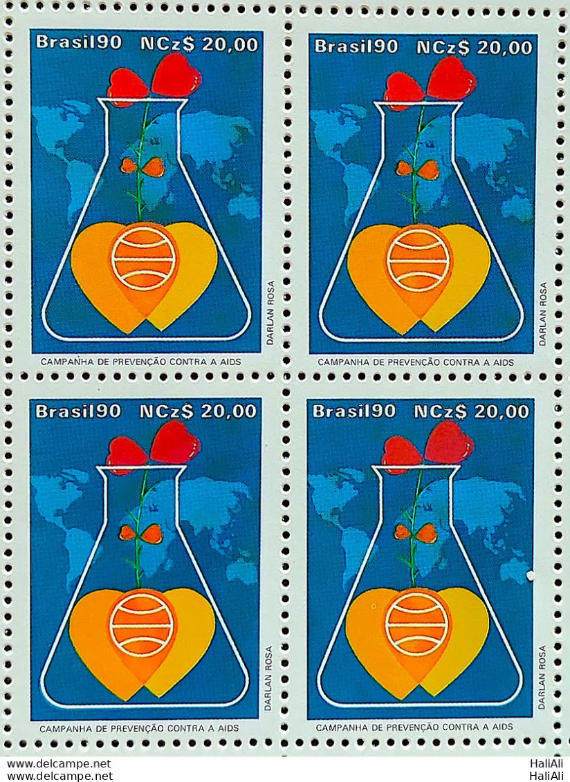 C 1676 BRAZIL STAMP PREVENATION AGAINST AIDS HEART MAP 1990 Block Of 4 - Ongebruikt