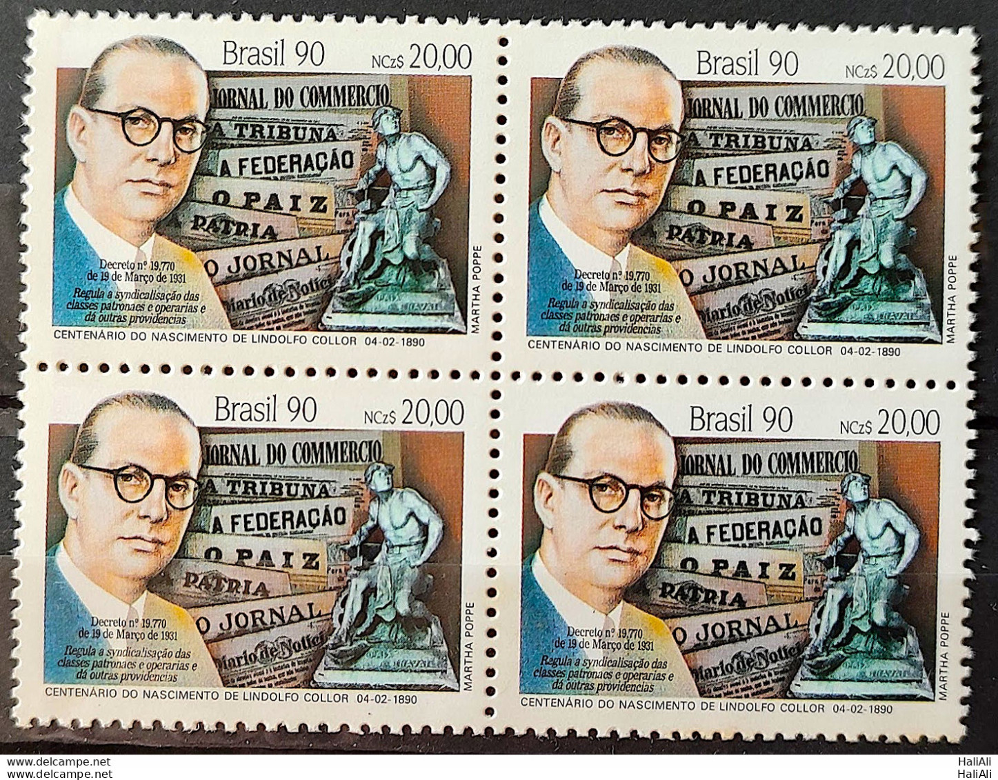 C 1673 Brazil Stamp 100 Years Lindolfo Collor Politics Journalism 1990 Block Of 4 - Ungebraucht