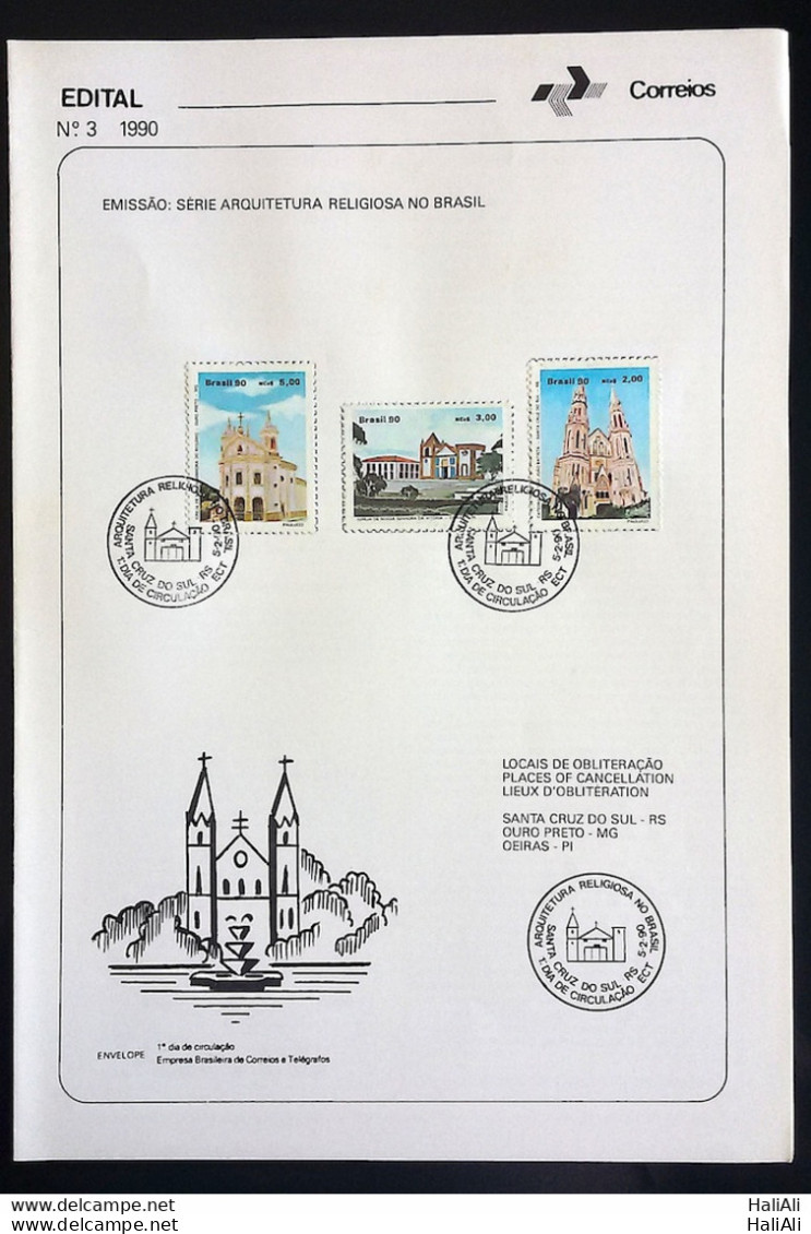 Brochure Brazil Edital 1990 03 Religious Architecture In Brazil With Stamp CPD RS Santa Cruz Do Sul - Briefe U. Dokumente