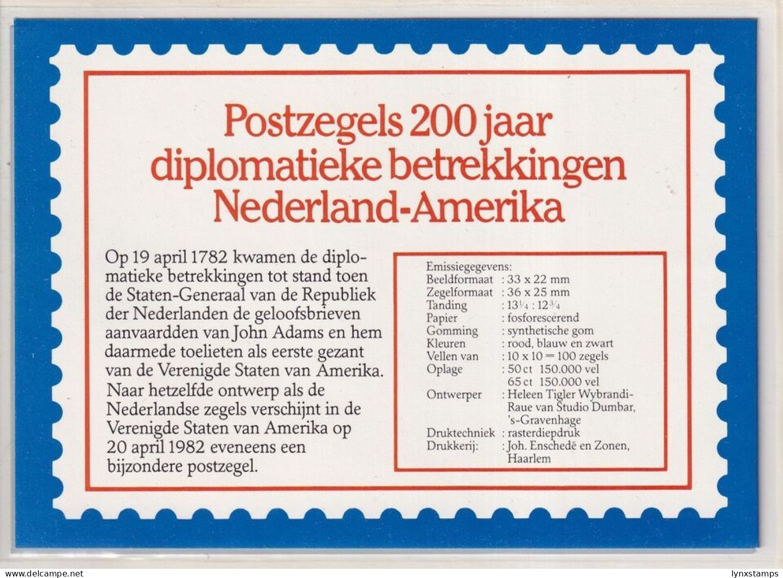 G018 Netherlands 1982 The 200th Anniversary Of The Diplomatic Relations With USA - Ongebruikt