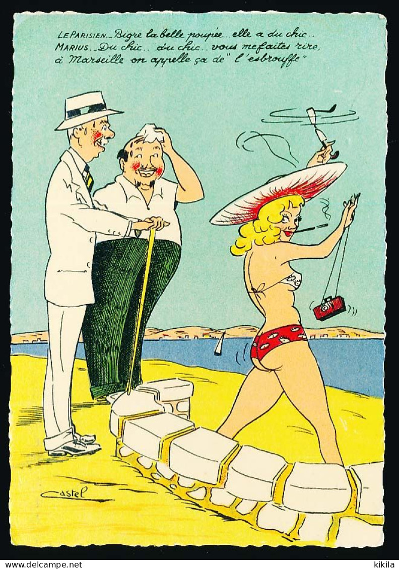 CPSM / CPM Dentelée 10,5 X 15 Humoristique (20) Plage Pin-up Bikini Parisien Marseillais Illustrateur Castel - Humour