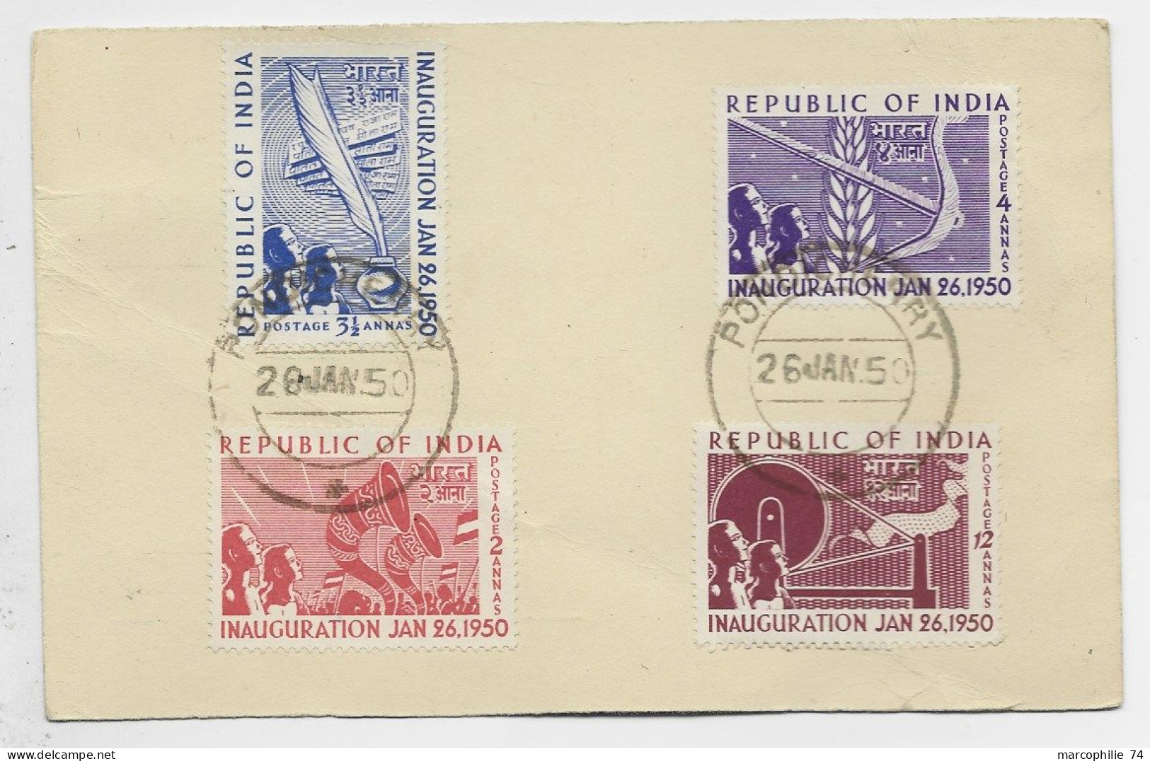 INDIA ENTIER POST CARD 9PS AIRAMAIL PONDICHERY + VERSO INAUGURATION OF INDIA 1950 TO FRANCE - Briefe U. Dokumente