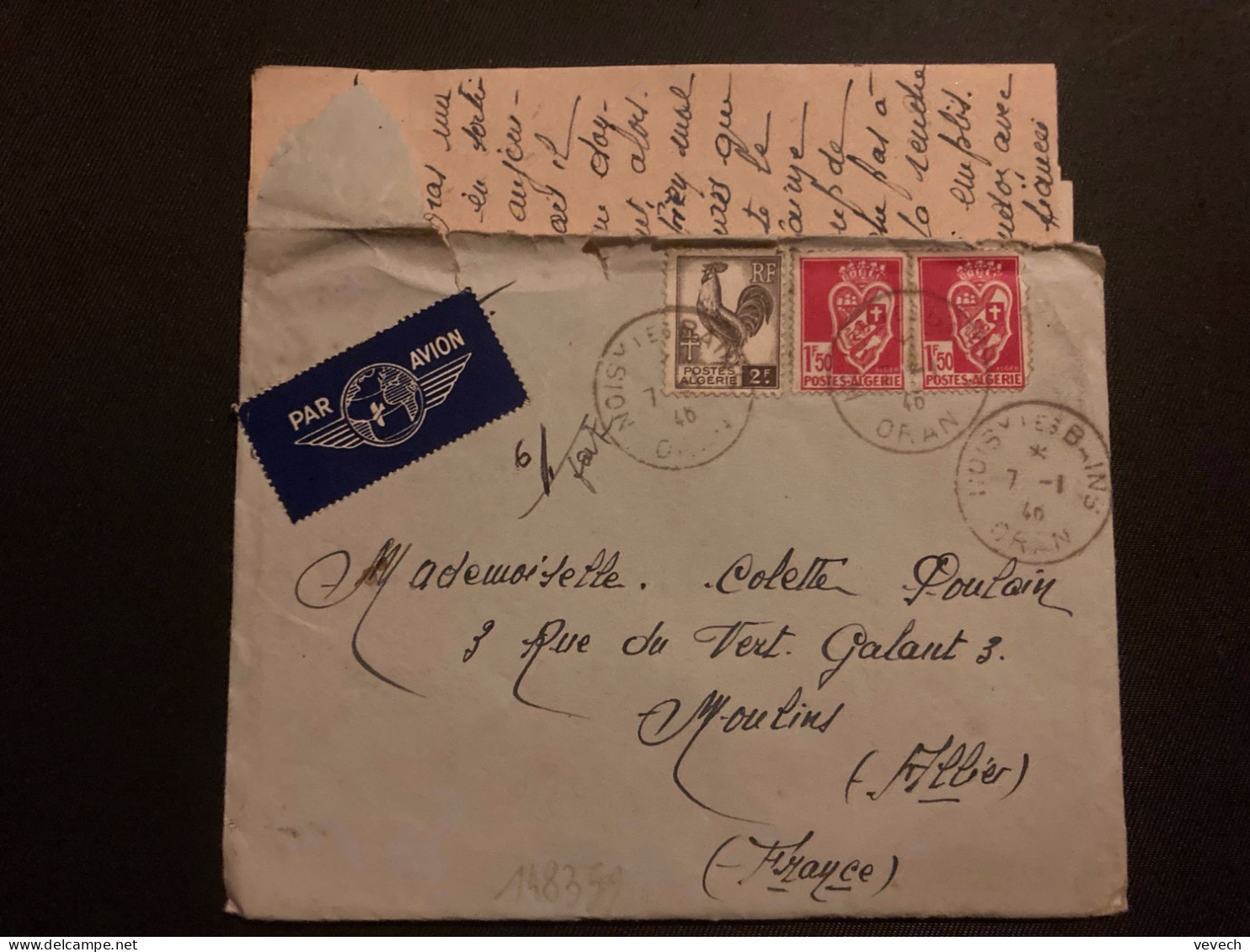 LETTRE Par Avion TP COQ D'ALGER 2F + BLASON 1F50 X2  OBL.7-1 46 NOISY LES BAINS - 1944 Marianne Van Algerije