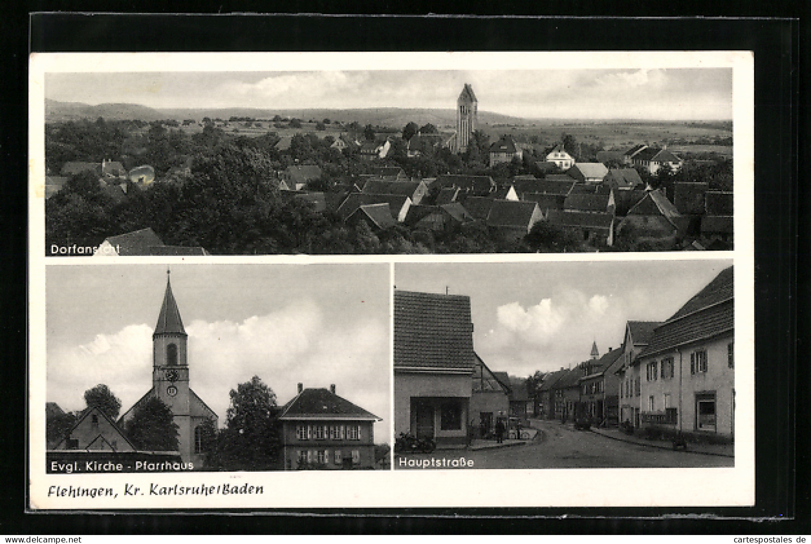 AK Flehingen /Karlsruhe, Ortsansicht Aus Der Vogelschau, Evgl. Kirche Und Pfarrhaus, Hauptstrasse  - Karlsruhe