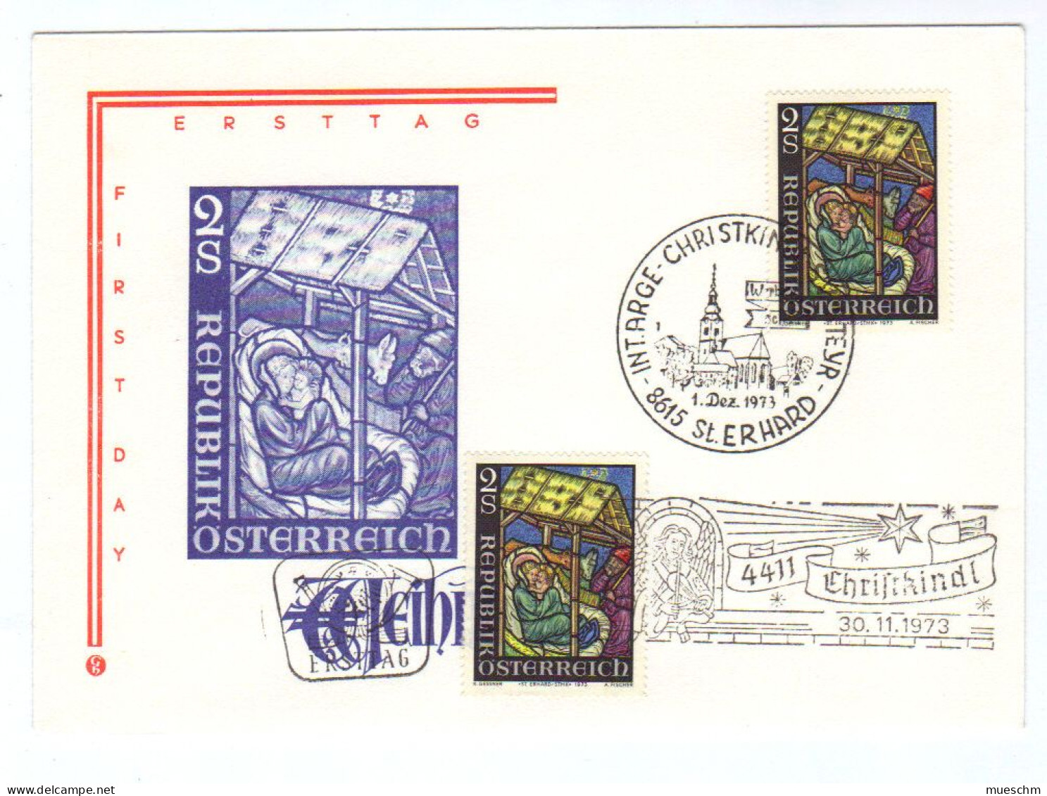 Österreich, 1973, Schmuckkuv. Mit Ersttag Weihn.marke 1973 MiNr.1435 Sowie Zweite Weihn.marke 1973 (9764L) - Noël