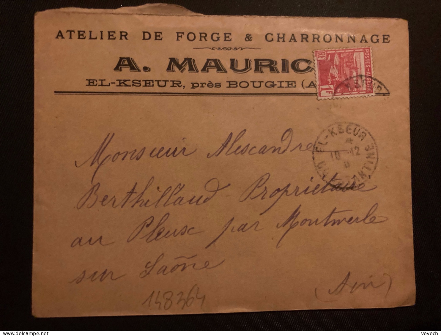 LETTRE A MAURICE ATELIER DE FORGE Pour La FRANCE TP 1F OBL.10-12 41 EL-KSEUR CONSTANTINE - Brieven En Documenten