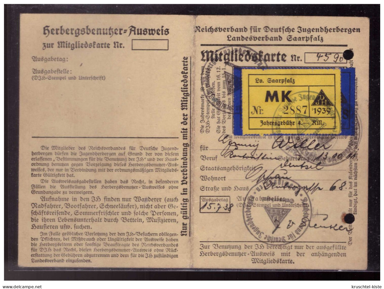 Dt- Reich (024287) Propaganda Mitgliedskarte Deutsche Jugendherbergen Landesverband Saarpfalz, Benützt 1938/ 1939 - Historical Documents