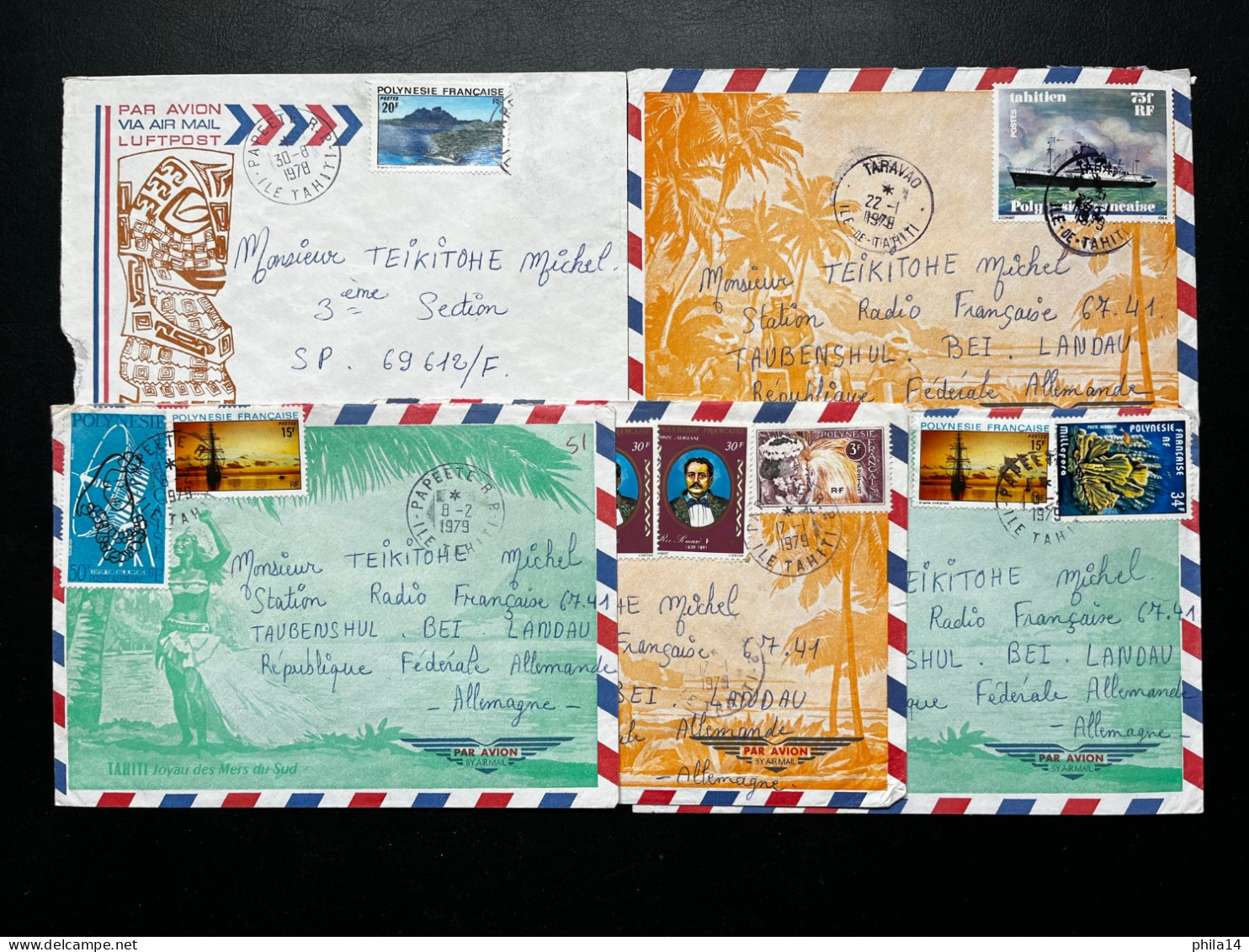 SP LOT DE 5 ENVELOPPES POLYNESIE FRANCAISE / TAHITI TARAVAO 1978 1979 / POUR LANDAU ALLEMAGNE / LOT N°501 - Cartas & Documentos