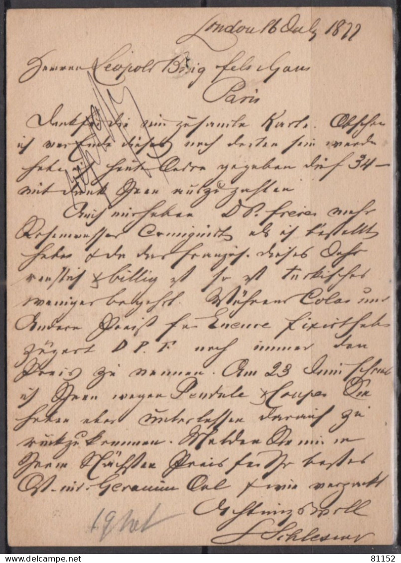 G.B.  Entier VICTORIA 0ne Penny  Posté à LONDRES    Le 6 JY 1877    Pour PARIS - Material Postal