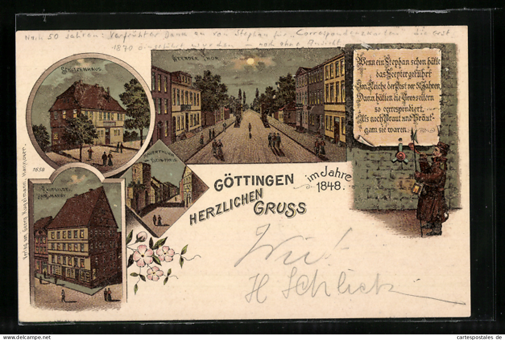 Lithographie Göttingen, Gasthaus Schützenhaus, Weender Thor, Kaufgilde Haus-Markt  - Goettingen