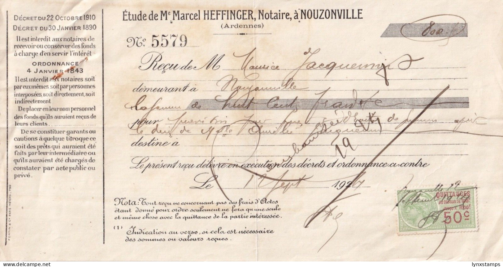 G018 France 1924 Document Notaire, Nouzonville - Cartas & Documentos