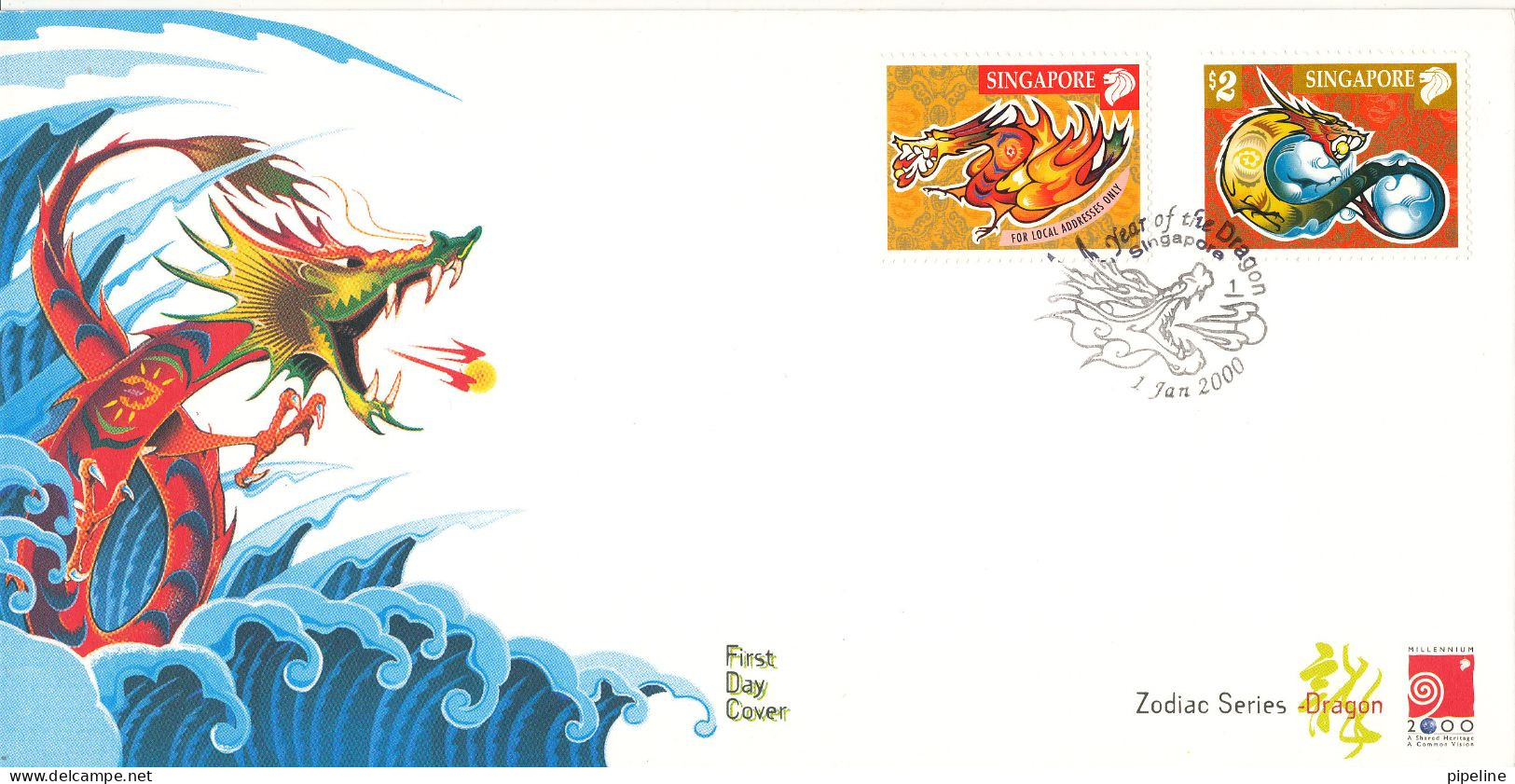 Singapore FDC 1-1-2000 Zodiac Series DRAGON Set Of 2 With Cachet - Singapore (1959-...)