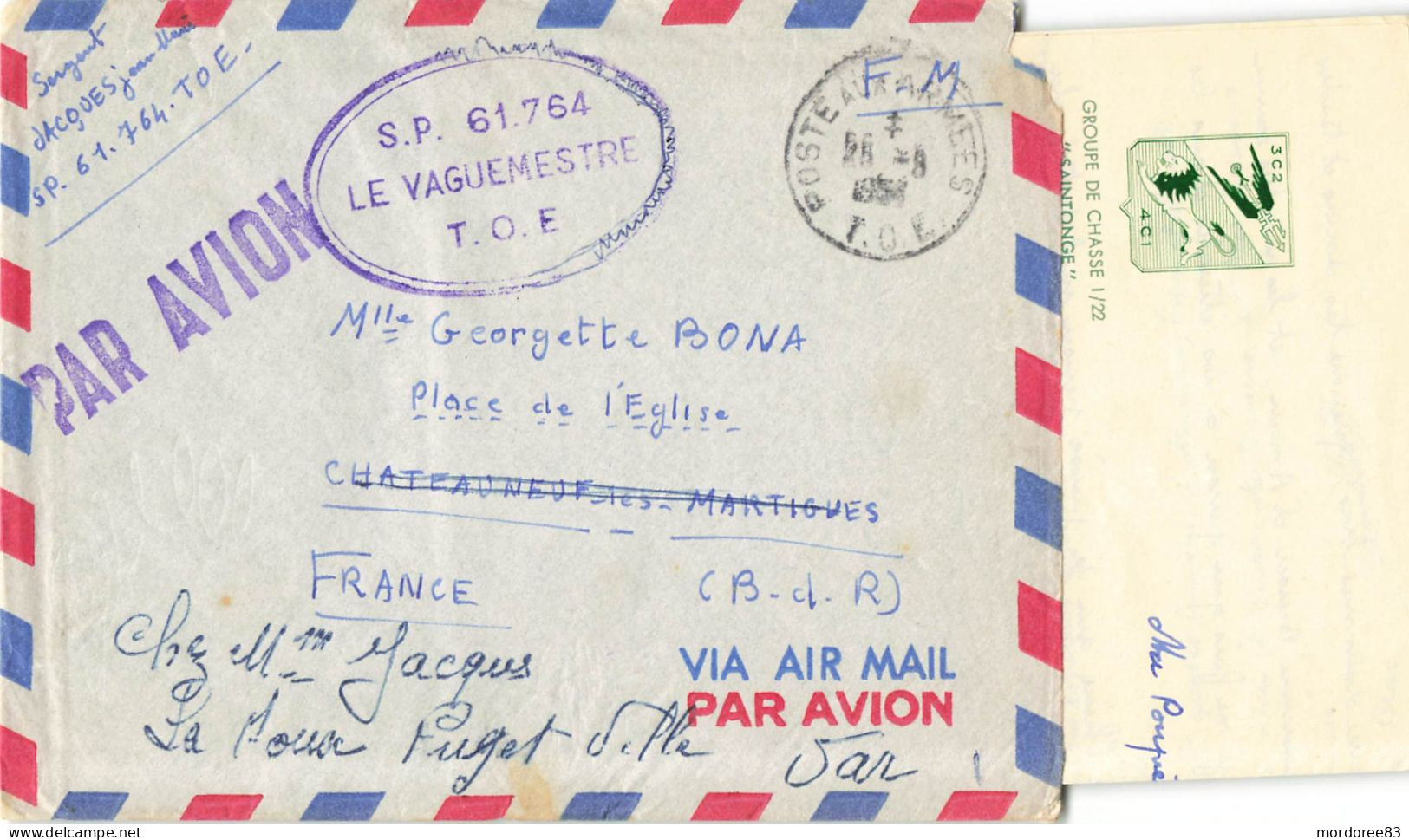 LAC FM POSTE AUX ARMEES 25/8/1954 T.O.E GROUPE DE CHASSE 1/22 SAINTONGE INDOCHINE HAIPHONG P/PUGET VILLE VAR - Guerre D'Indochine / Viêt-Nam