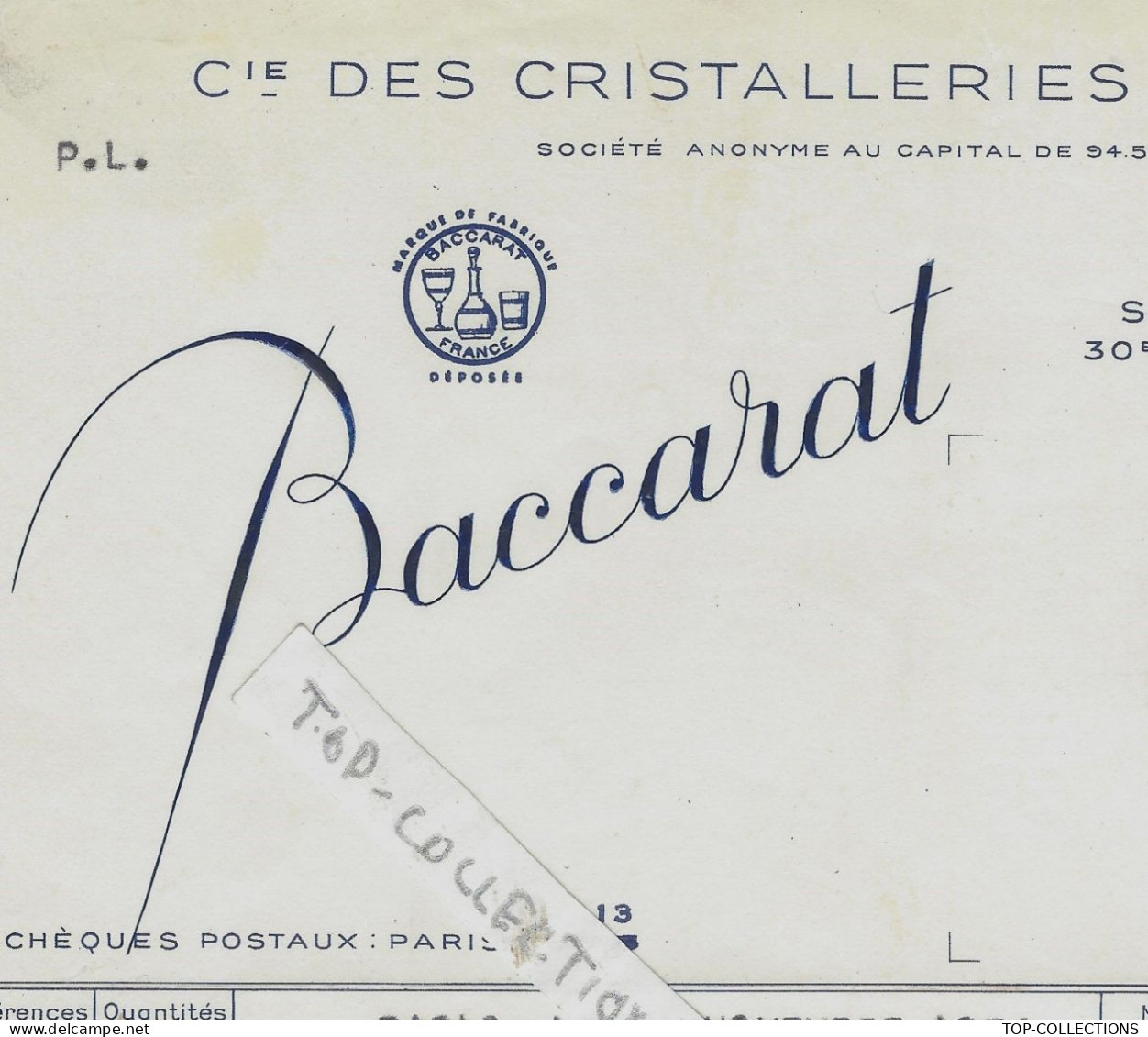 1956 RARE ENTETE  Cristalleries De BACCARAT  (Meurthe) LETTRES BRILLANTES & EN RELIEF  Pour Marque Poitiers V.HISTORIQUE - 1950 - ...