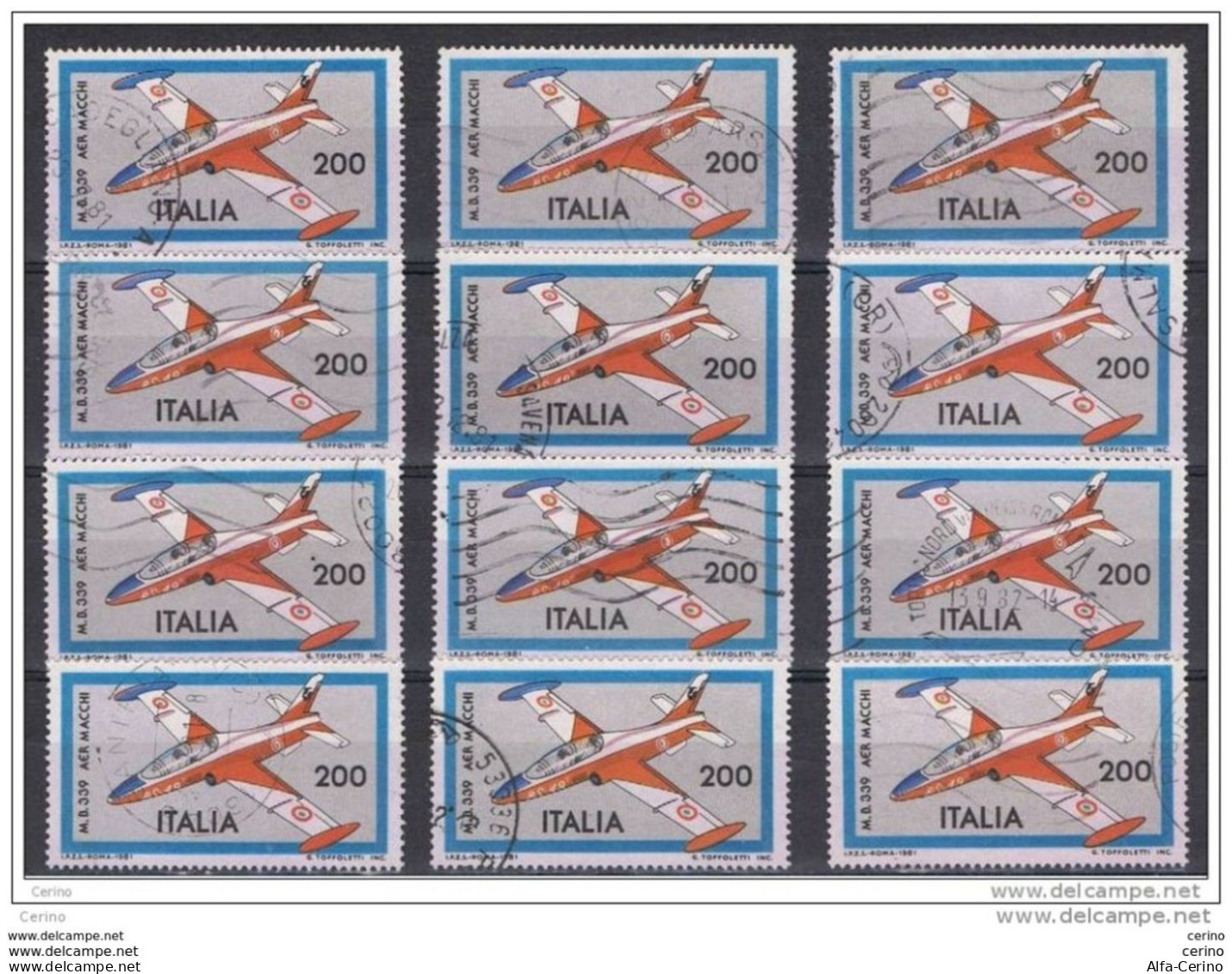 REPUBBLICA:  1981  AEREI  ITALIANI  -  £. 200  AER  MACCHI  US. -  RIPETUTO  12  VOLTE  -  SASS. 1558 - Airplanes