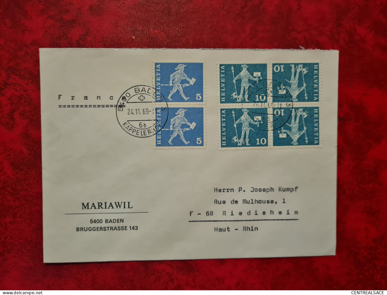 Lettre SUISSE  1969 BERN BASEL ENTETE MARIAWIL BADEN POUR RIEDISHEIM BLOC TETE BECHE - Sonstige & Ohne Zuordnung