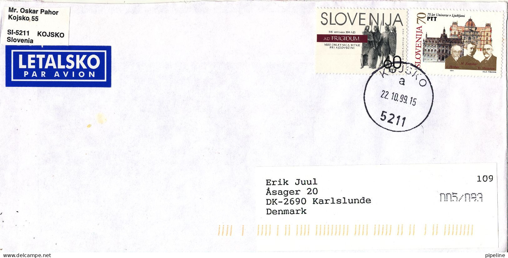 Slovenia Cover Sent To Denmark Kojsko 22-10-1999 - Slovénie