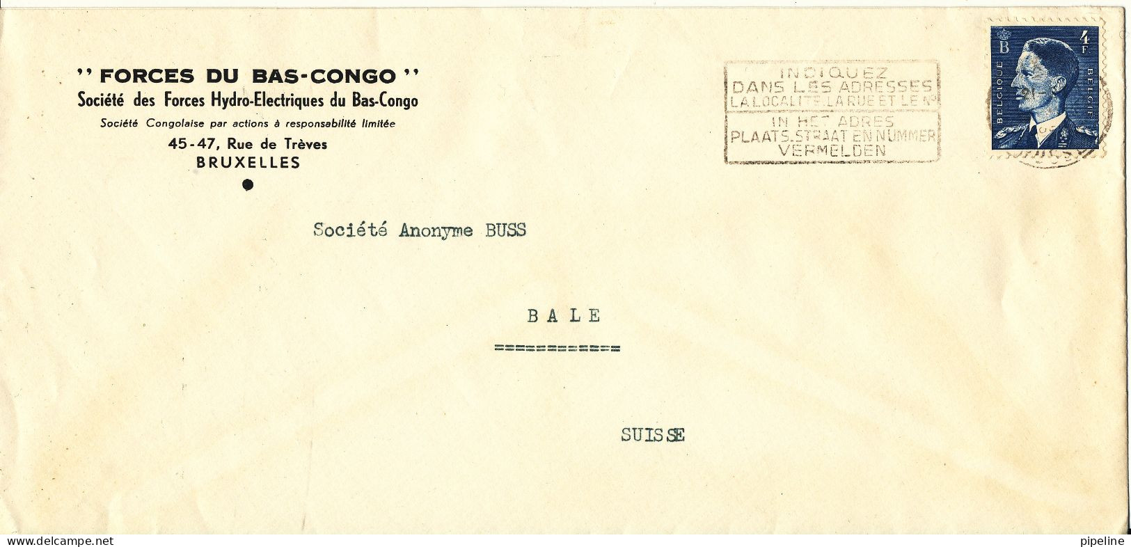 Belgium Cover Sent To Switzerland 1952?? (Forces Du Bas-Congo) Single Franked - Briefe U. Dokumente