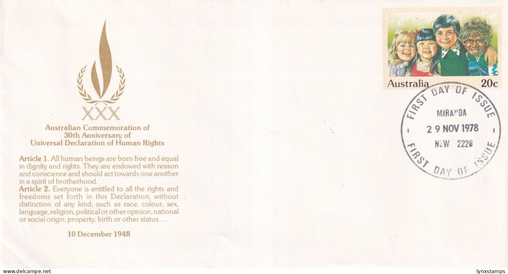 G018 Australia 1978 Human Rights FDC - Omslagen Van Eerste Dagen (FDC)