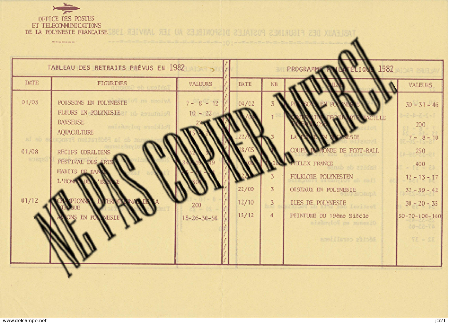 TAHITI - Polynésie Française -Programme Philatélique De 1982 [COPIE]_T.Doc27 - Cartas & Documentos
