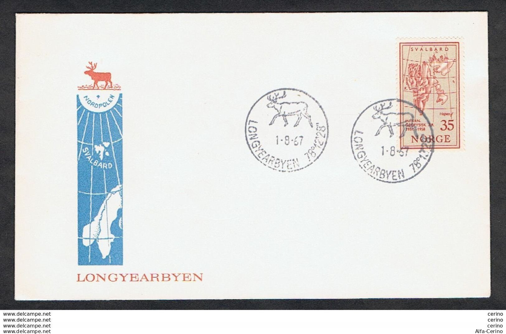NORWAY: 1. 8. 1967 LONGYEARBYEN COVERT WITH 35 Ore RED AND GRAY (377) - Cartas & Documentos