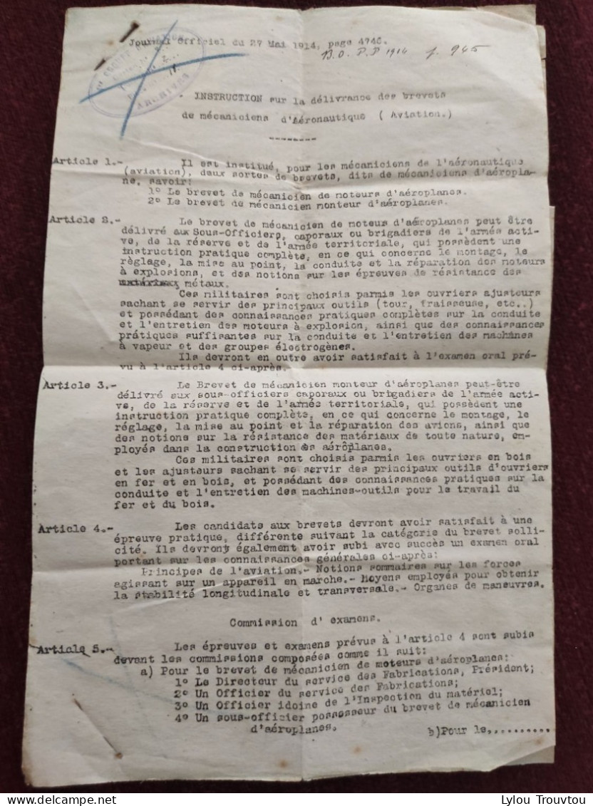 Document 3 Pages Instructions Sur La Délivrance Du Mécanicien D'aéronautique Aviation WW1 - Documents