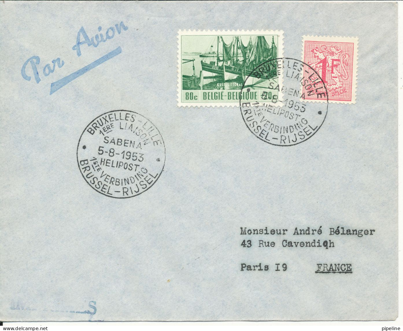 Belgium Cover Helicopterpost Sabena Brussel - Rijsel 5-8-1953 Sent To France - Lettres & Documents