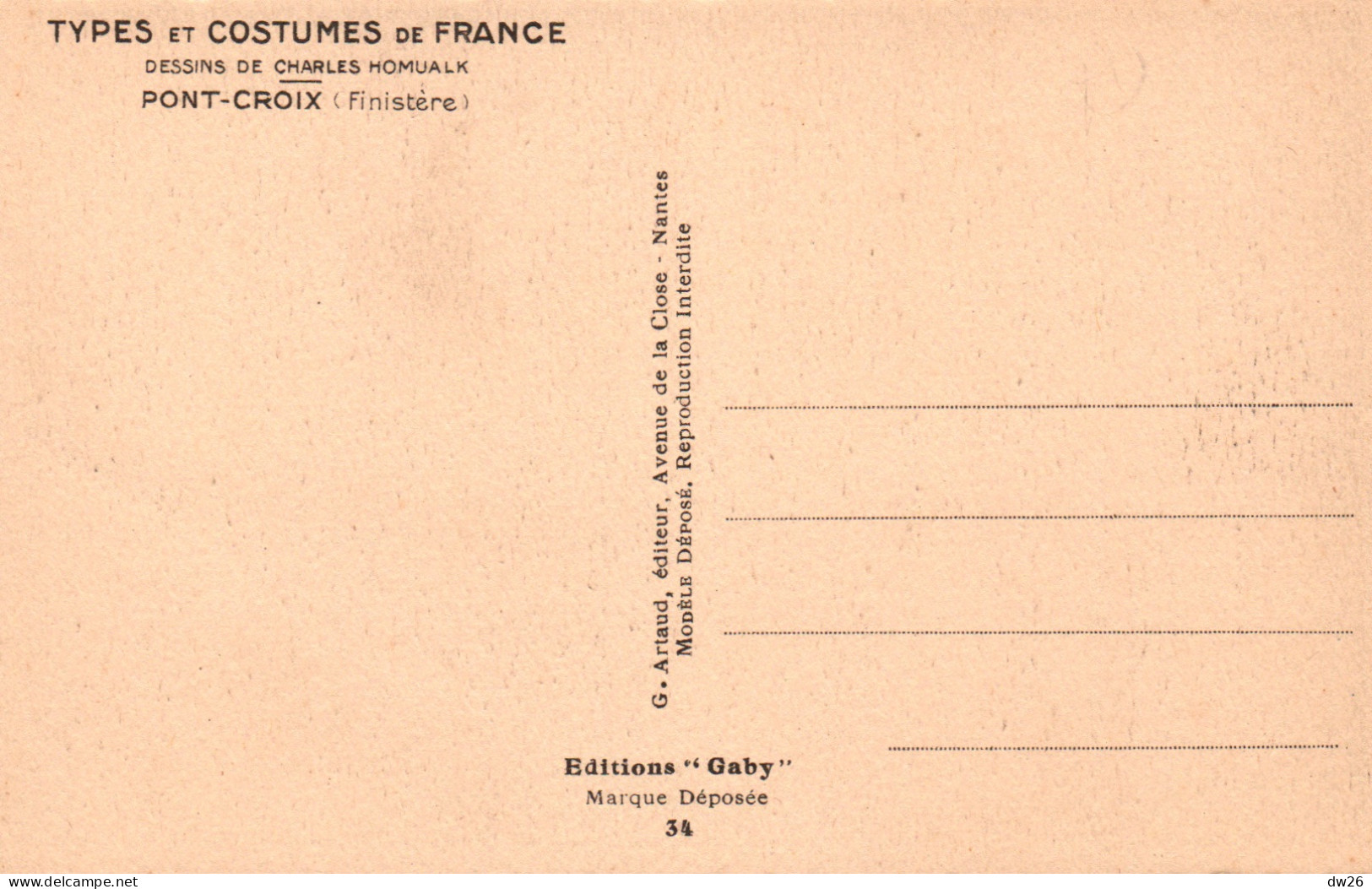 Illustration Types Et Costumes De France, Dessin De Charles Homualk: Pont-Croix (29) Carte Gaby N° 34 Non Circulée - Homualk