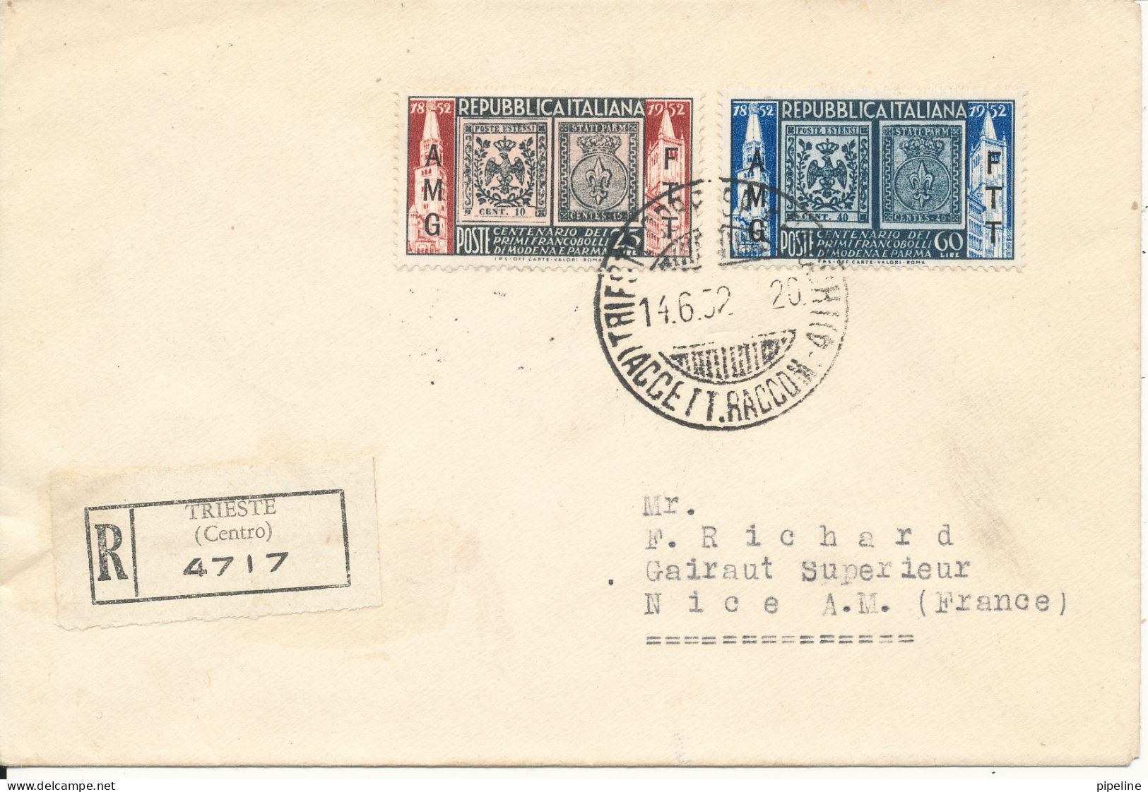 Italy Trieste Registered FDC Sent To France 14-6-1952 Complete Set Of 2 Modena E Parma - Poststempel