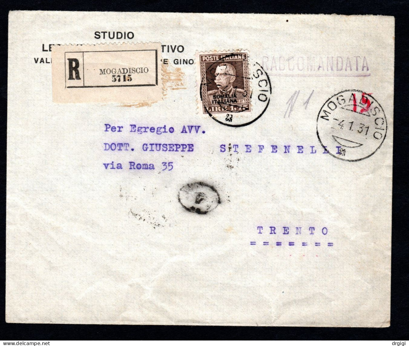 SOMALIA ITALIANA, BUSTA 1931, SASS. 118, MOGADISCIO  X TRENTO - RARO - Somalië