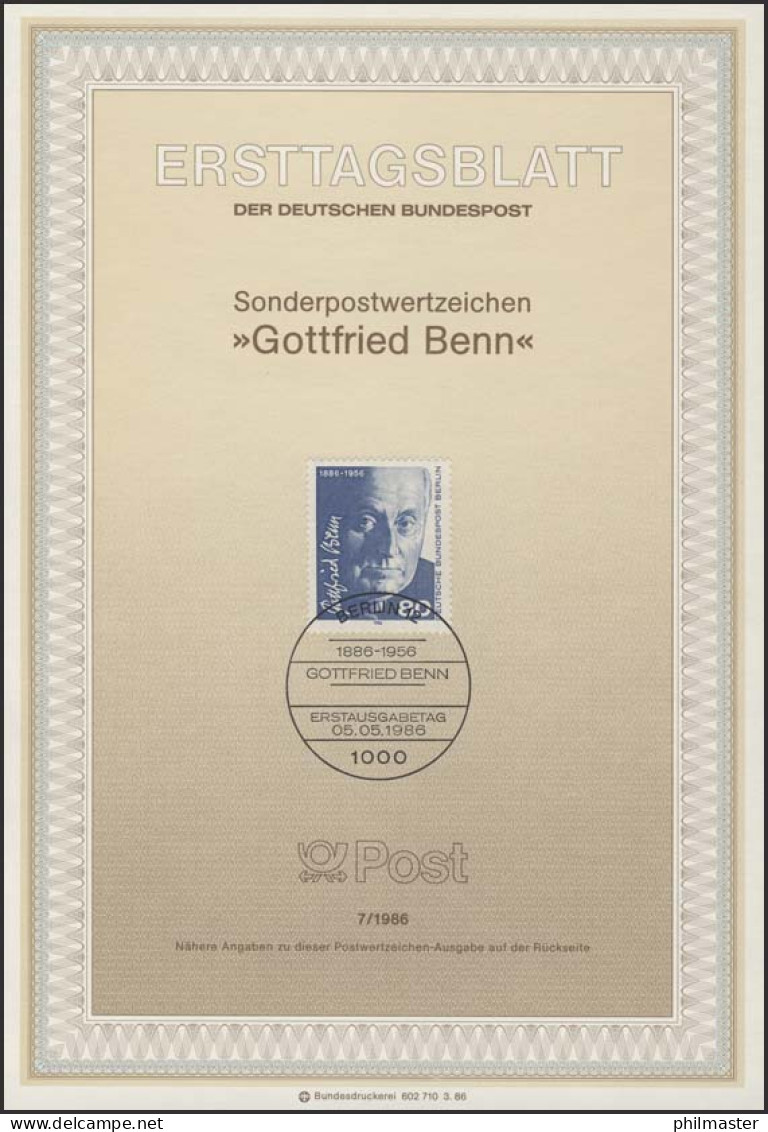 ETB 07/1986 Gottfried Benn, Dichter - 1. Tag - FDC (Ersttagblätter)