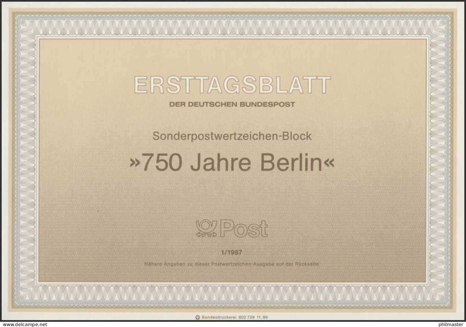 ETB 01/1987 Block, Berlin, Charlottenburg, Philharmonie - 1° Giorno – FDC (foglietti)